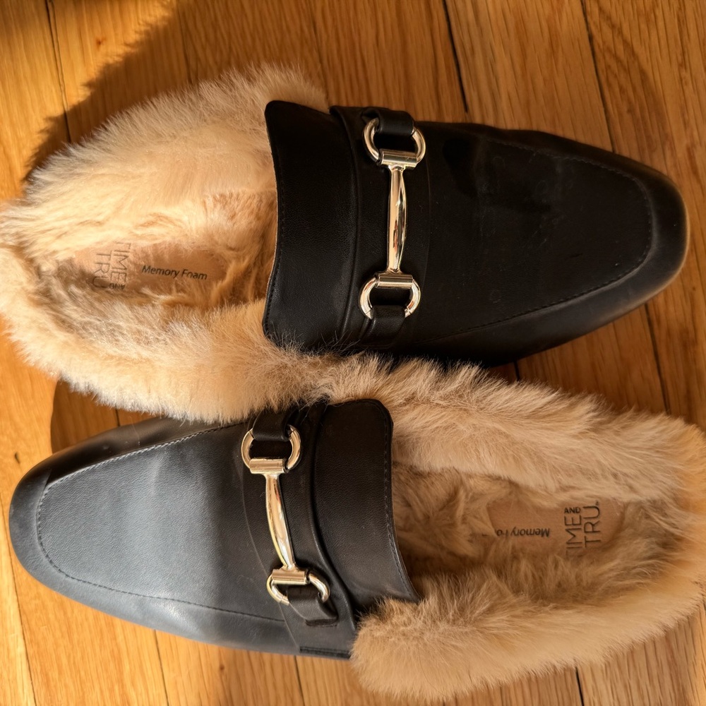 Time and Tru Black Mules with Faux Fur Lining